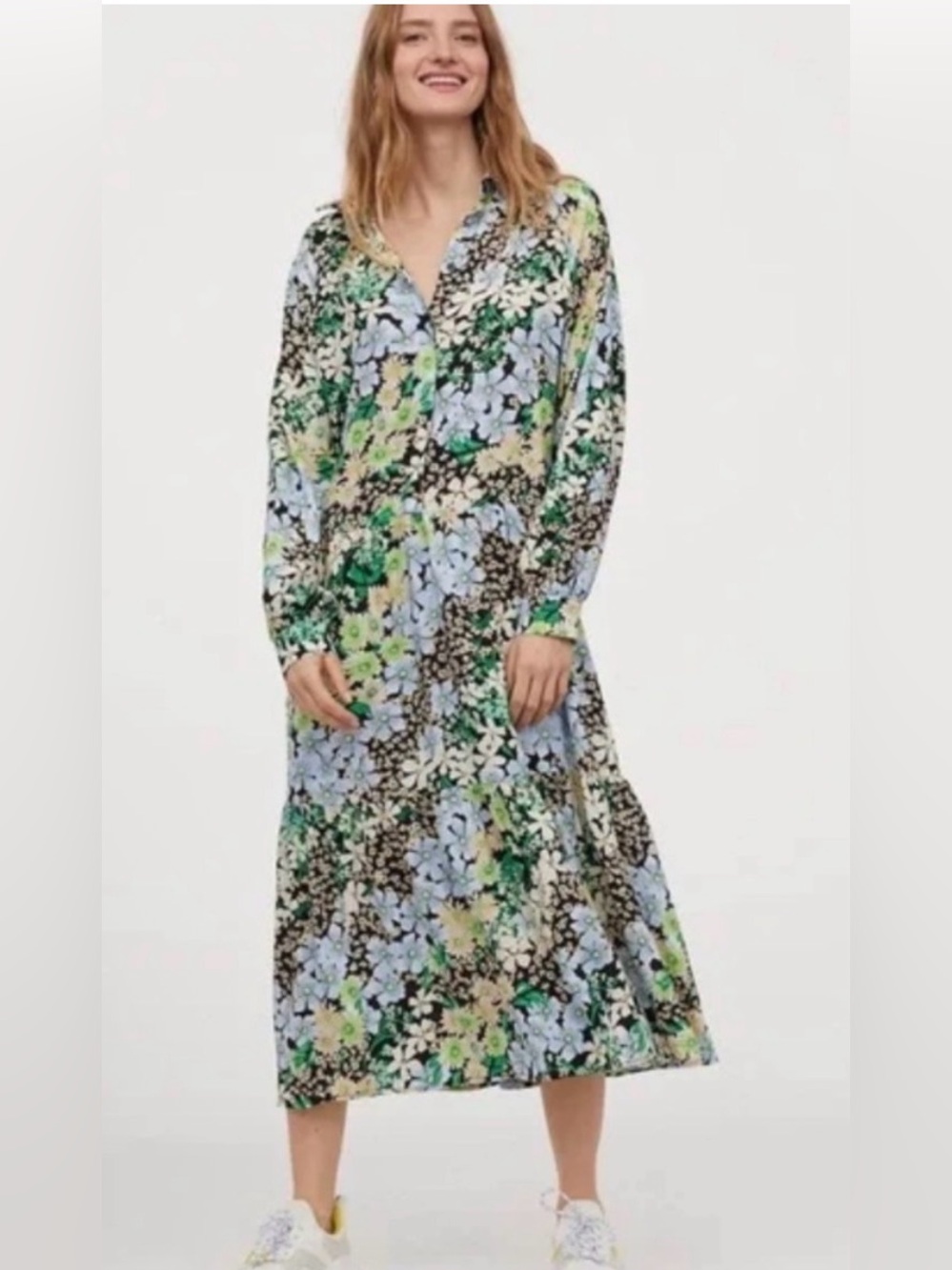 H&M Green Floral Midi Long Sleeve Shirt Dress size Sz Large